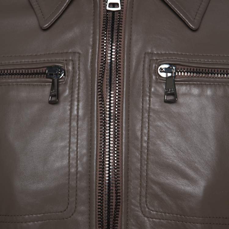مملوكة مسبقًا Dolce & Gabbana Brown Leather Zip Front Bomber Jacket M
