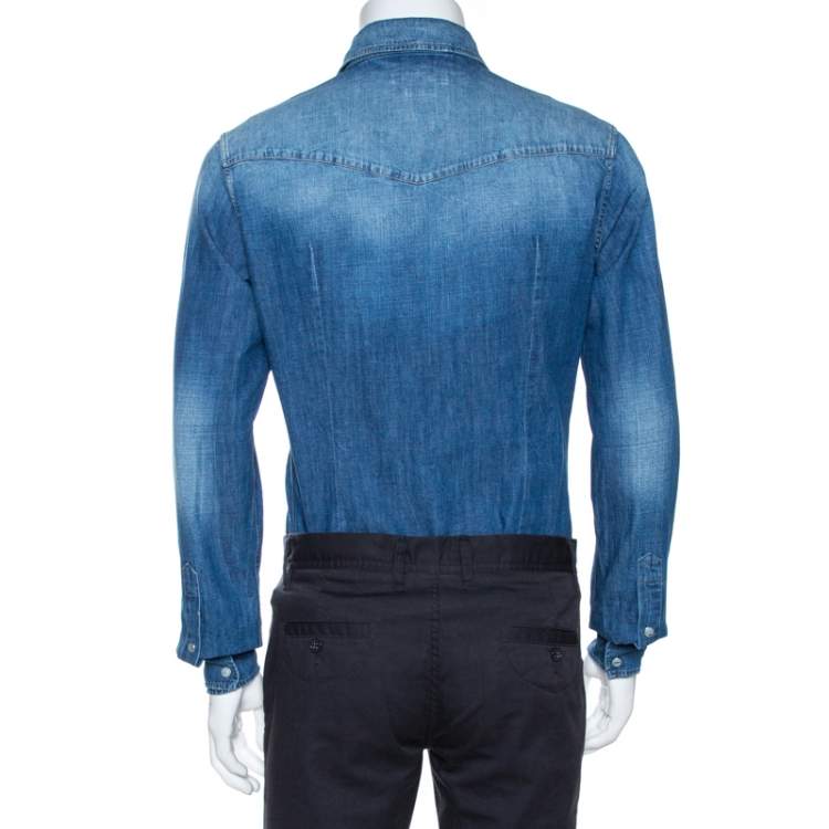 Pre Owned Dolce & Gabbana Gold Indigo Denim Customised Patch Shirt M