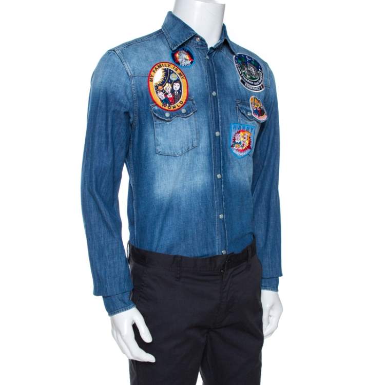Pre Owned Dolce & Gabbana Gold Indigo Denim Customised Patch Shirt M