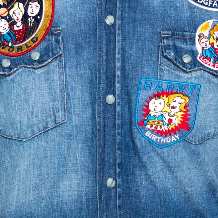 Pre Owned Dolce & Gabbana Gold Indigo Denim Customised Patch Shirt M