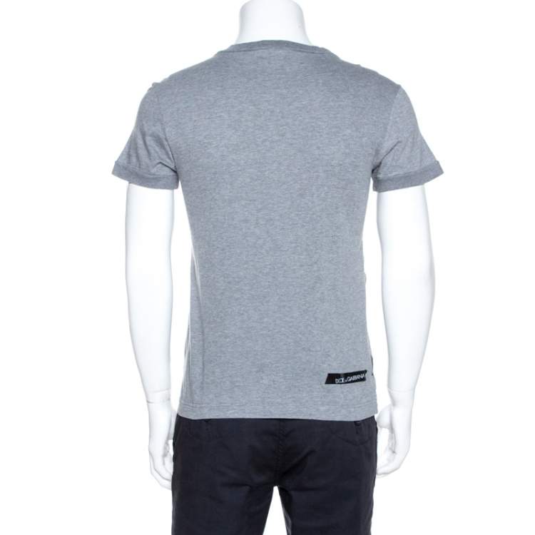 Pre Owned Dolce & Gabbana Grey Graphic Print Cotton Stripe Detail T-Shirt S