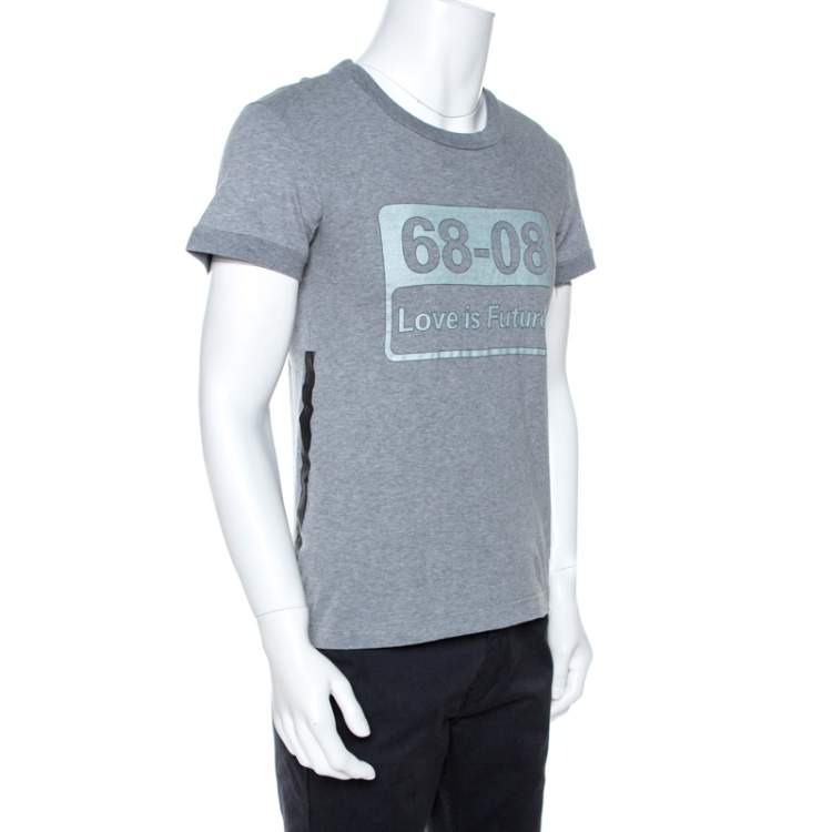 Pre Owned Dolce & Gabbana Grey Graphic Print Cotton Stripe Detail T-Shirt S