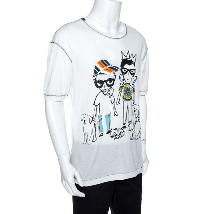 Pre Owned Dolce & Gabbana White Designers & Pets Print Cotton Silk T-Shirt XS