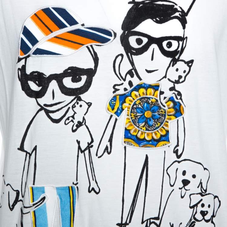 Pre Owned Dolce & Gabbana White Designers & Pets Print Cotton Silk T-Shirt XS