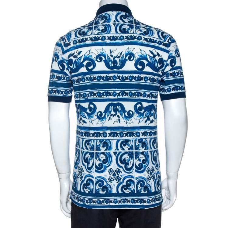 Pre Owned Dolce & Gabbana Blue Majolica Print Cotton Polo T-Shirt M