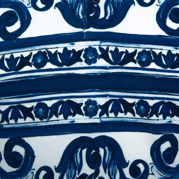 Pre Owned Dolce & Gabbana Blue Majolica Print Cotton Polo T-Shirt M