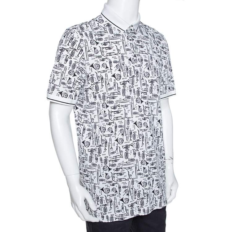 Pre Owned Dolce & Gabbana White Musical Instrument Print Cotton Polo T-Shirt 3XL