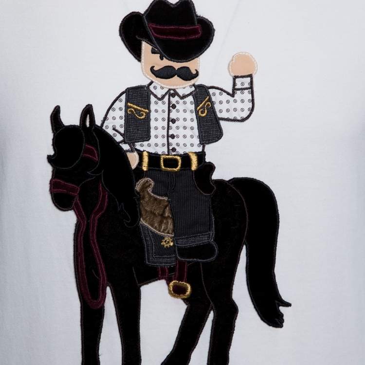 Pre Owned Dolce & Gabbana Cream Cotton Cowboy Patch T Shirt M 