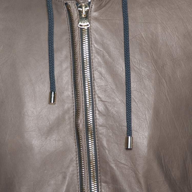 Pre Owned Dolce & Gabbana Pale Brown Leather Zip Front Hooded Jacket XL