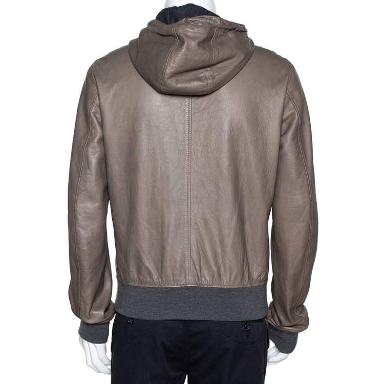 Pre Owned Dolce & Gabbana Pale Brown Leather Zip Front Hooded Jacket XL