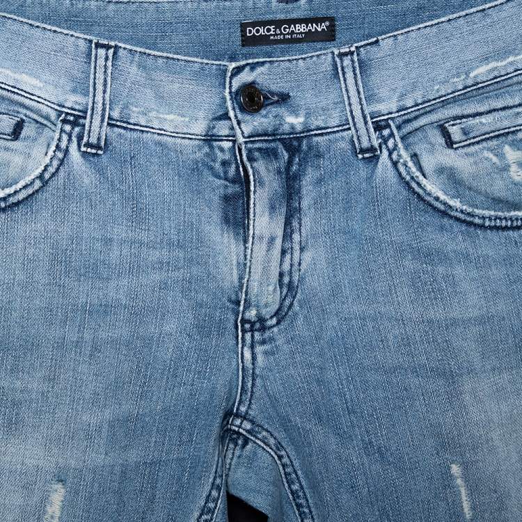 Pre Owned Dolce & Gabbana Light Blue Denim Distressed Straight Fit Jeans M