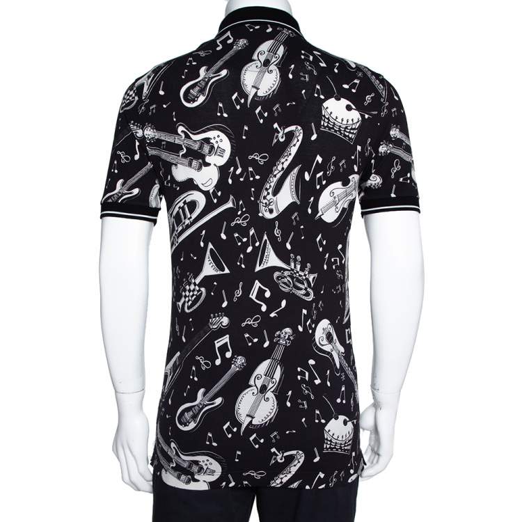 Pre Owned Dolce & Gabbana Monochrome Cotton Pique Musical Print Polo T-Shirt S