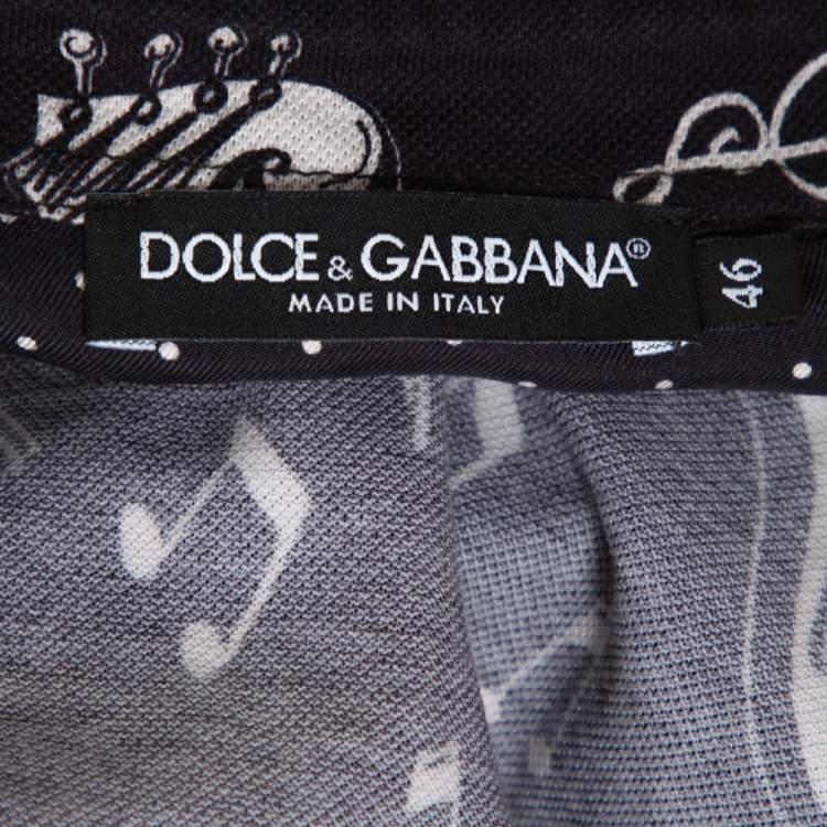 Pre Owned Dolce & Gabbana Monochrome Cotton Pique Musical Print Polo T-Shirt S