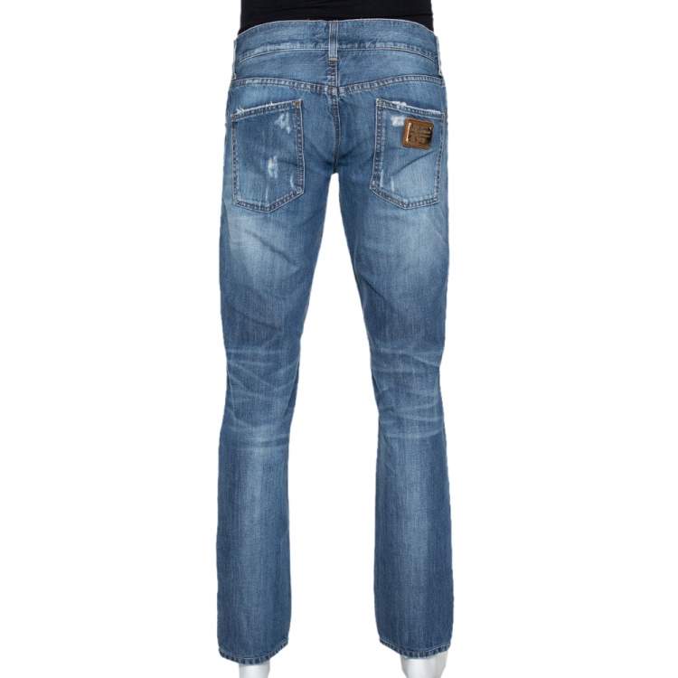 Pre Owned Dolce & Gabbana Blue Light Wash Denim Distressed Low Rise Jeans M