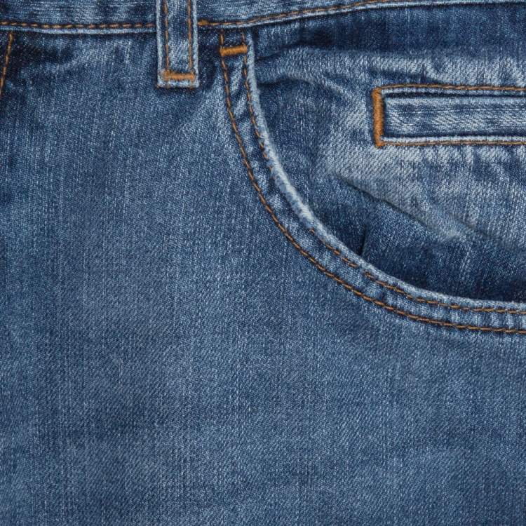 Pre Owned Dolce & Gabbana Blue Light Wash Denim Distressed Metal Plaque Detail Jeans M