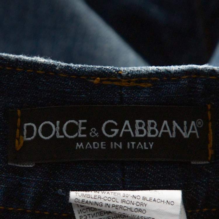 Pre Owned Dolce & Gabbana Blue Light Wash Denim Distressed Metal Plaque Detail Jeans M