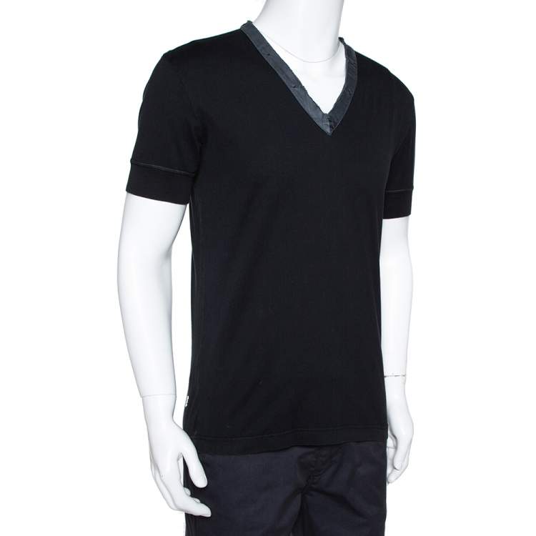 Pre Owned Dolce & Gabbana Black Cotton Contrast Trim V Neck T Shirt M 