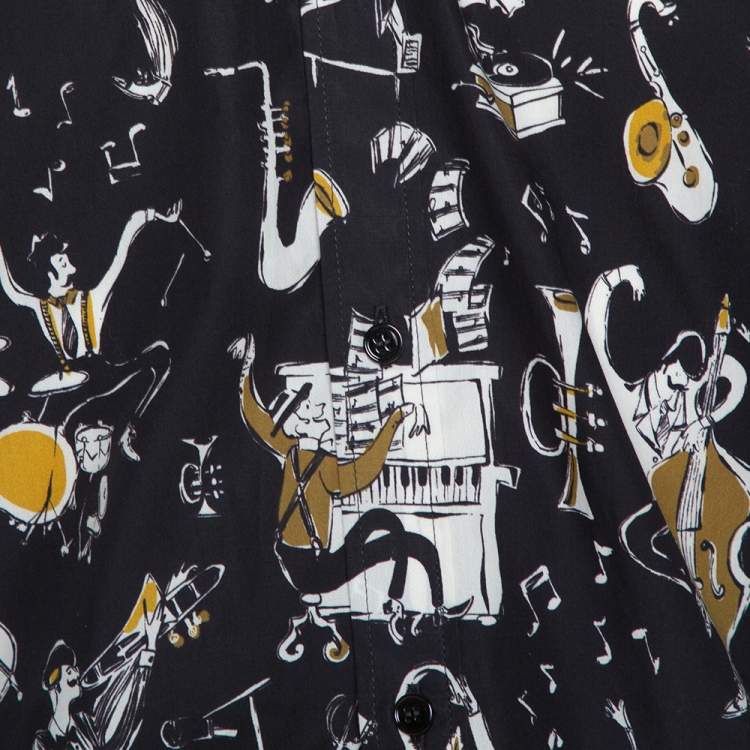 Pre Owned Dolce & Gabbana Gold Black Jazz Club Print Cotton Shirt L
