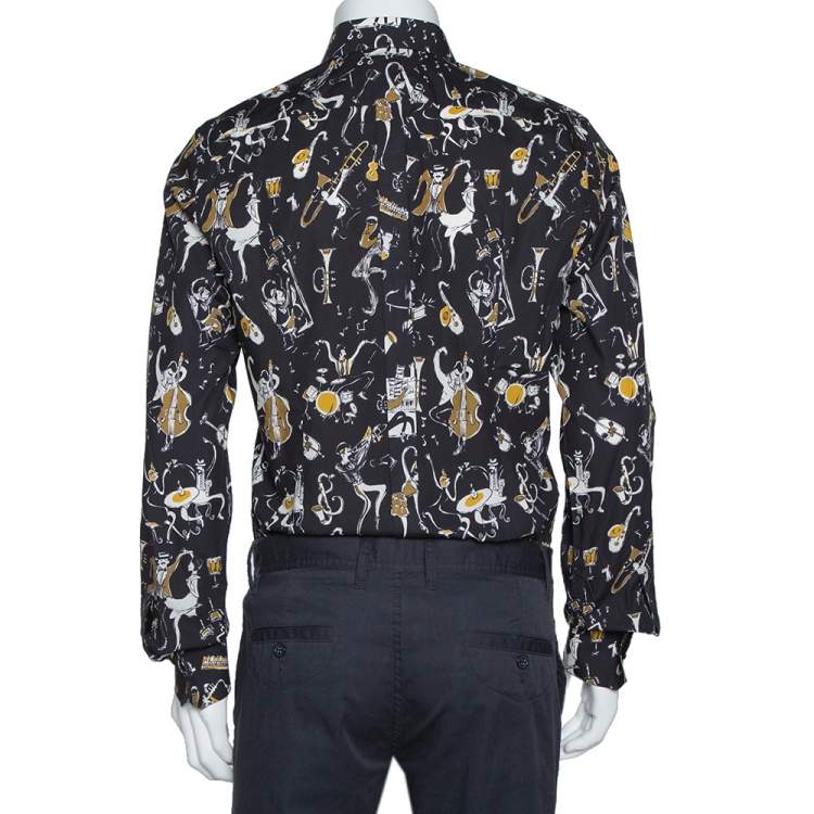 Pre Owned Dolce & Gabbana Gold Black Jazz Club Print Cotton Shirt L