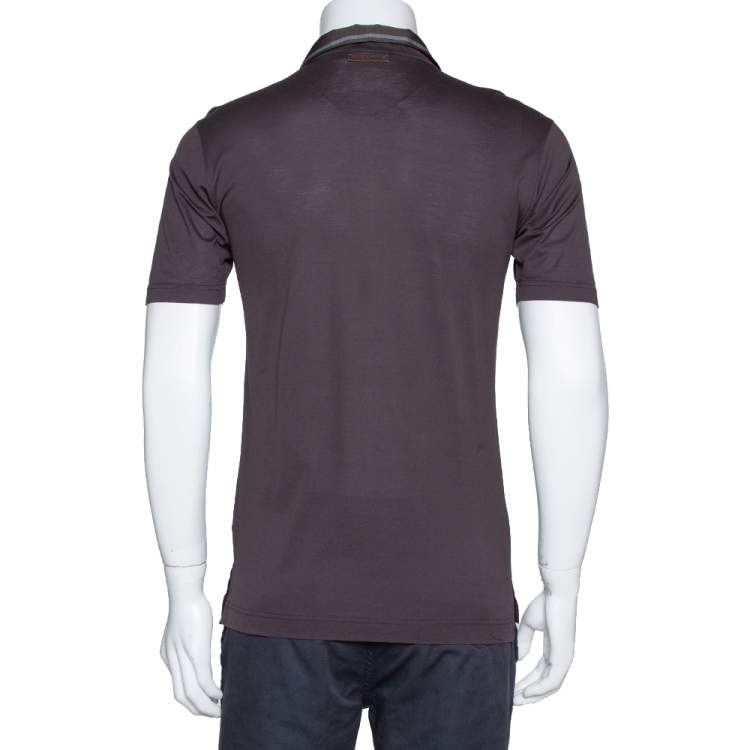 Pre Owned Dolce & Gabbana Dark Brown Cotton Striped Grosgrain Collar Detail Polo T Shirt S