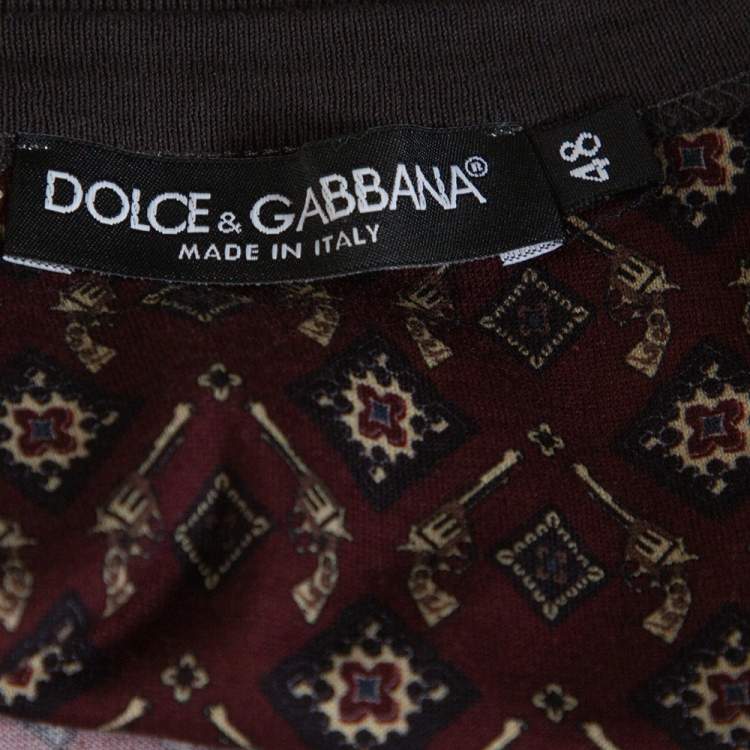 Pre Owned Dolce & Gabbana Burgundy Geometric Printed Cotton Crew Neck T Shirt M 