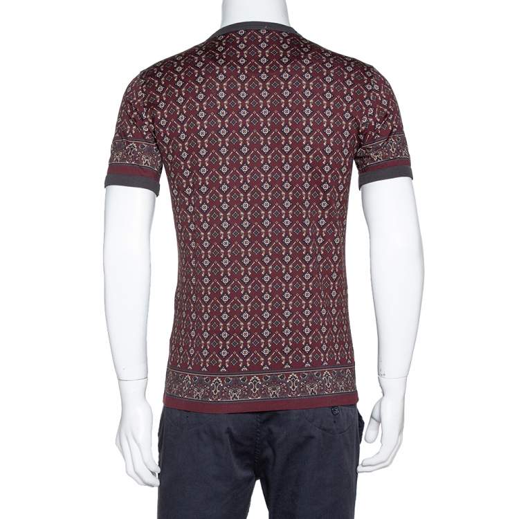 Pre Owned Dolce & Gabbana Burgundy Geometric Printed Cotton Crew Neck T Shirt M 