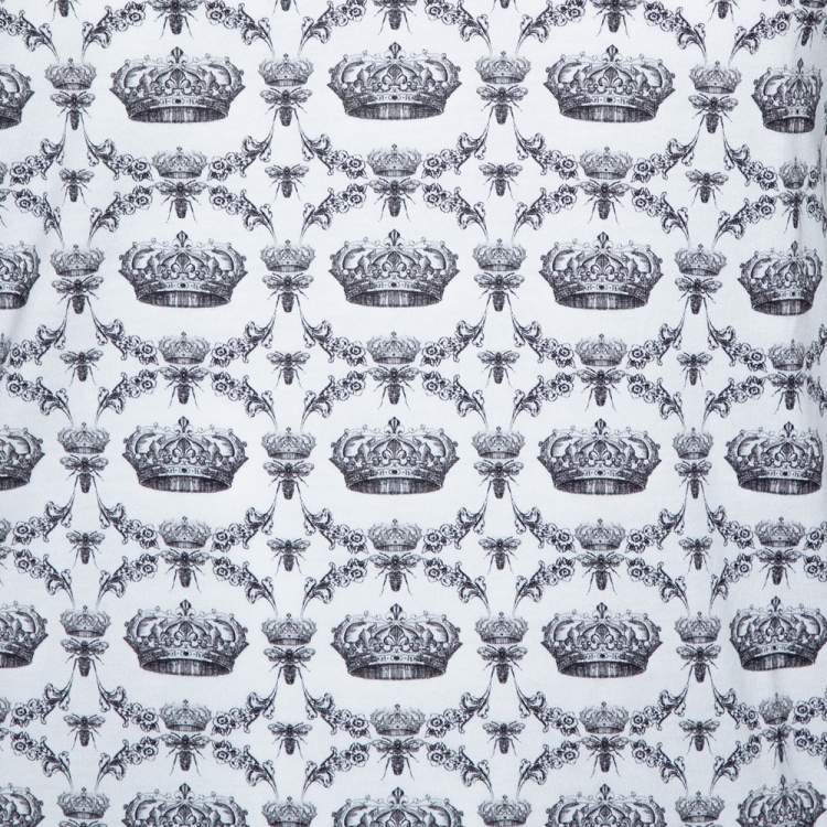 مملوكة مسبقًا Dolce & Gabbana Monochrome Cotton Crown & Bee Print Buttoned Crew Neck T Shirt S 