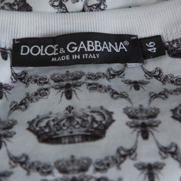 مملوكة مسبقًا Dolce & Gabbana Monochrome Cotton Crown & Bee Print Buttoned Crew Neck T Shirt S 