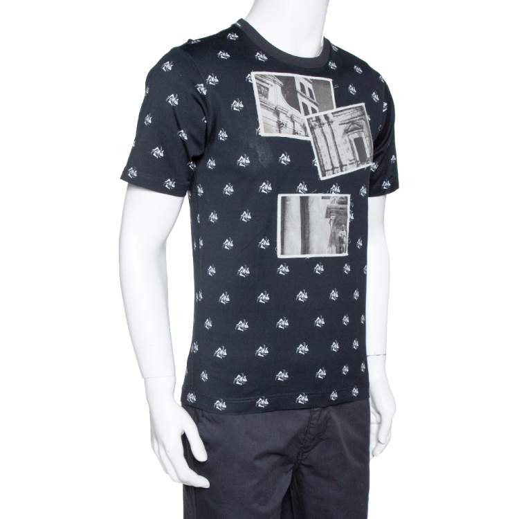 Pre Owned Dolce & Gabbana Navy Blue Cotton Abstract Print Crew Neck T Shirt XS