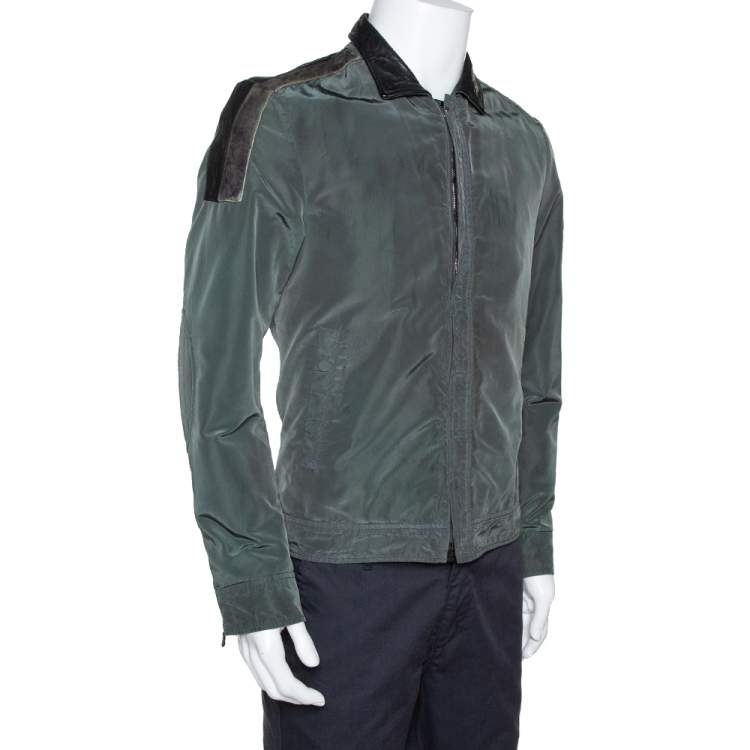 Pre Owned Dolce & Gabbana Dark Green Leather Trim Zip Front Jacket M