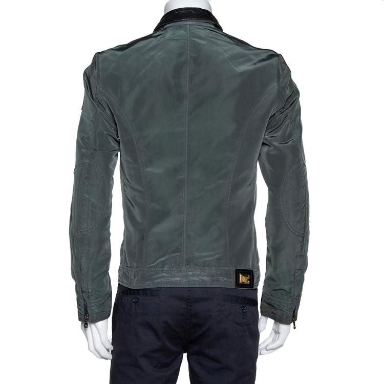 Pre Owned Dolce & Gabbana Dark Green Leather Trim Zip Front Jacket M