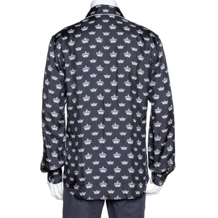Pre Owned Dolce & Gabbana Monochrome Silk Satin Crown Print Pyjama Shirt M