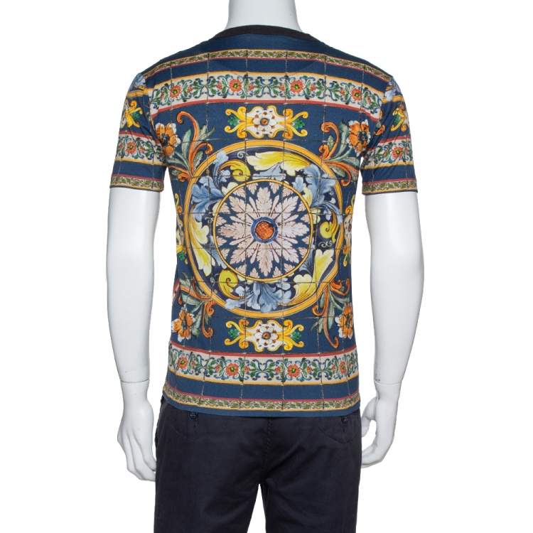 Pre Owned Dolce & Gabbana Dark Blue Majolica Print Cotton Crew Neck T-Shirt S