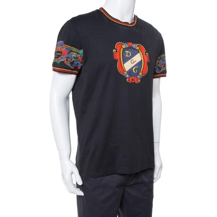 Pre Owned Dolce & Gabbana Black Heraldic Print Cotton Crew Neck T-Shirt XL 