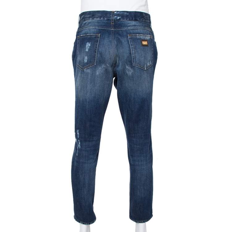 Pre Owned Dolce & Gabbana Blue Distressed Denim Patch Detail Jeans XXXL