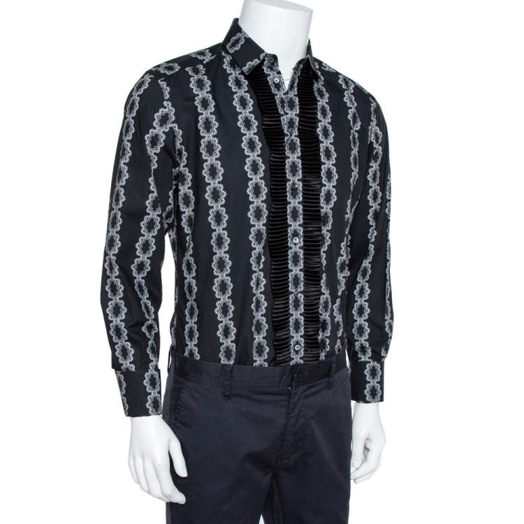 مملوكة مسبقًا Dolce & Gabbana Black Floral Motif Cotton Silk Pleat Detail Shirt L