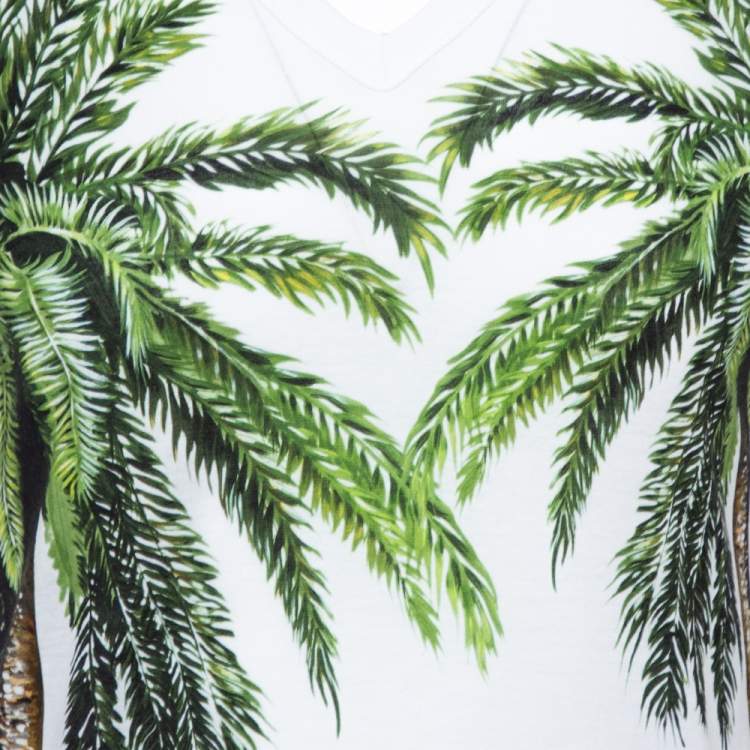 Pre Owned Dolce & Gabbana White Palm Trees Print Cotton V-Neck T-Shirt S