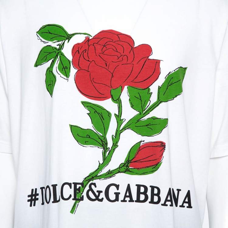 Pre Owned Dolce & Gabbana White Cotton Jersey Rose Print T-Shirt 4XL