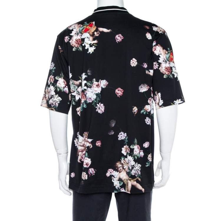 Pre Owned Dolce & Gabbana Black Heaven Flower Print Cotton Mock Neck T-Shirt M