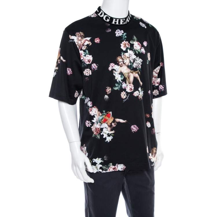 Pre Owned Dolce & Gabbana Black Heaven Flower Print Cotton Mock Neck T-Shirt M