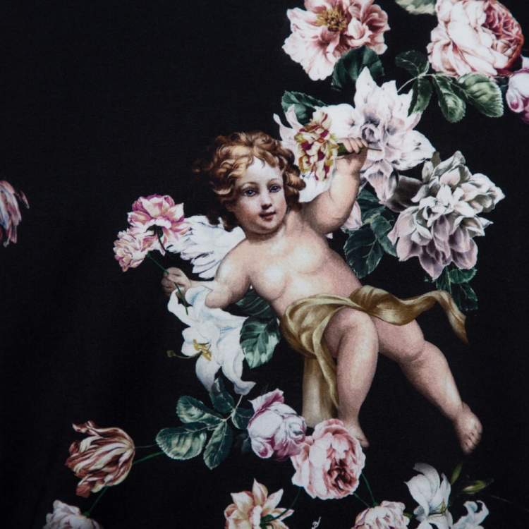 Pre Owned Dolce & Gabbana Black Heaven Flower Print Cotton Mock Neck T-Shirt M