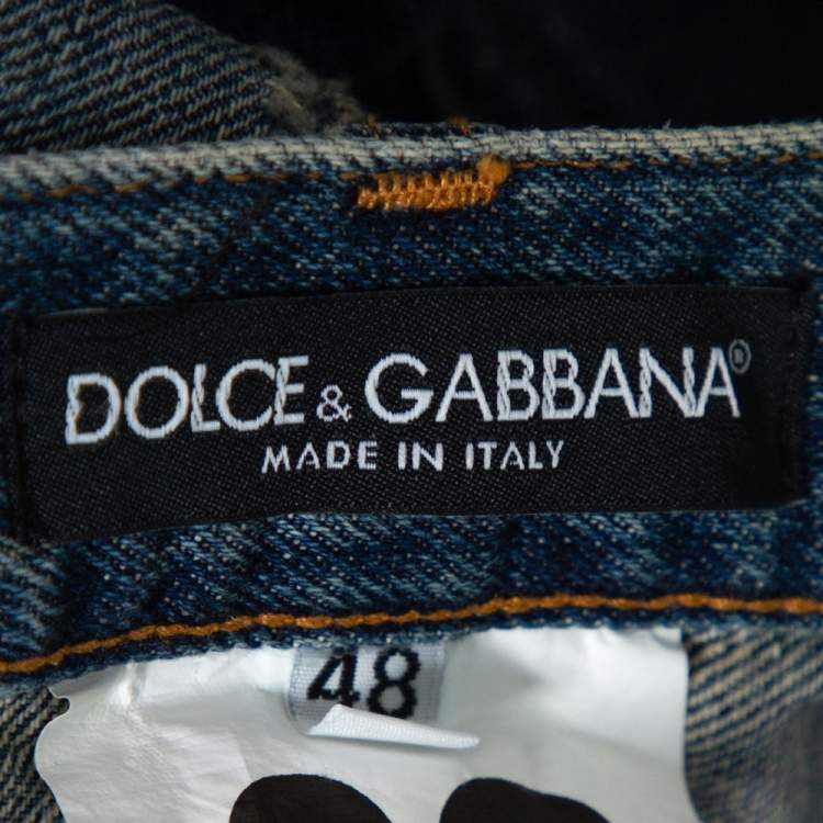 Pre Owned Dolce & Gabbana Blue Distressed Denim Straight Leg Jeans M