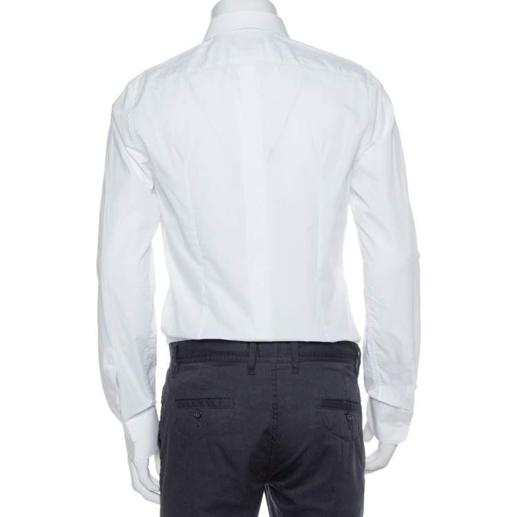 Pre Owned Dolce & Gabbana White Cotton Tuxedo Long Sleeve Gold Shirt XS