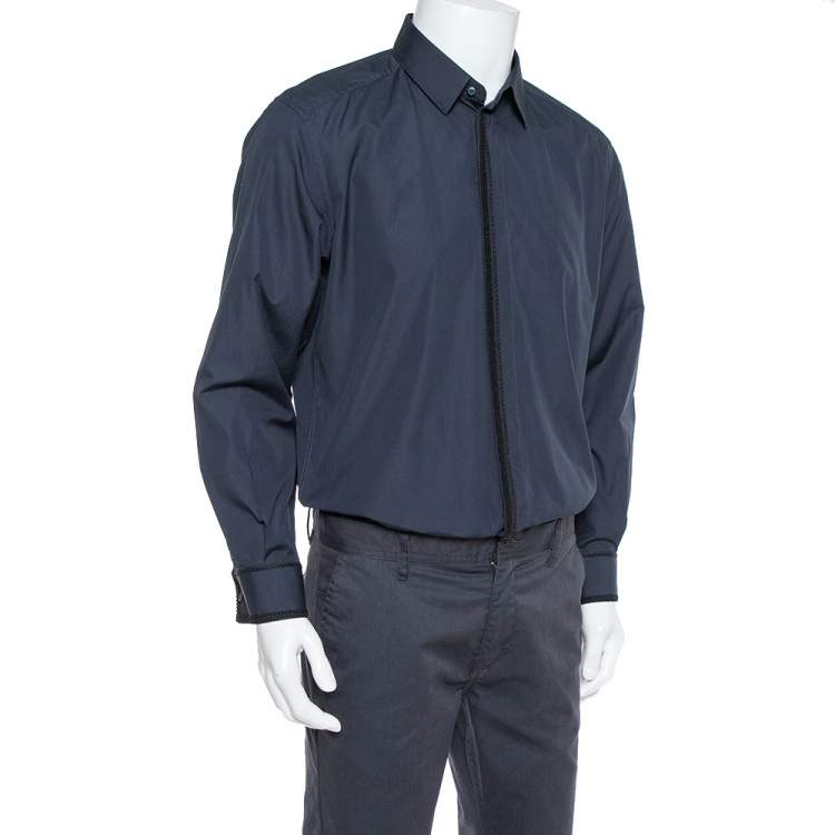 مملوكة مسبقًا Dolce & Gabbana Navy Blue Cotton Applique Detail Long Sleeve Gold Shirt XL
