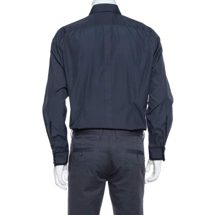 مملوكة مسبقًا Dolce & Gabbana Navy Blue Cotton Applique Detail Long Sleeve Gold Shirt XL
