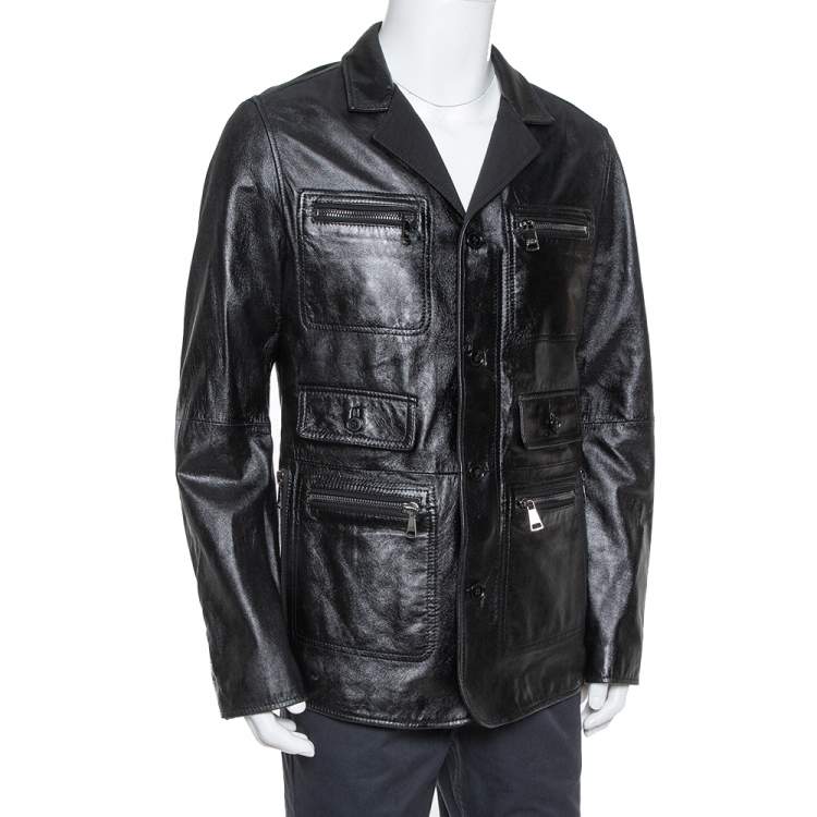Pre Owned Dolce & Gabbana Black Leather Long Jacket XL