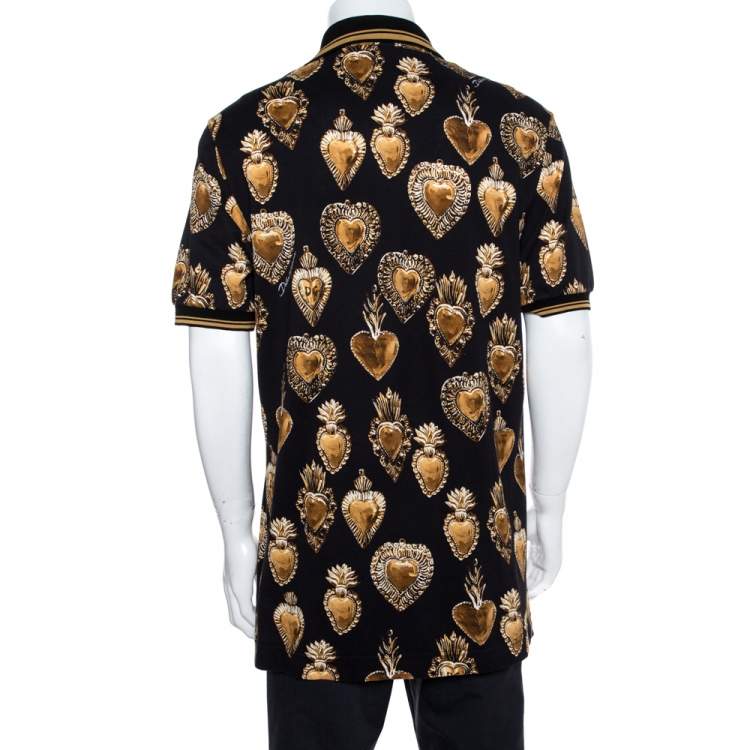 Pre Owned Dolce & Gabbana Black Pique Knit Scared Hearts Print Polo T-shirt XL