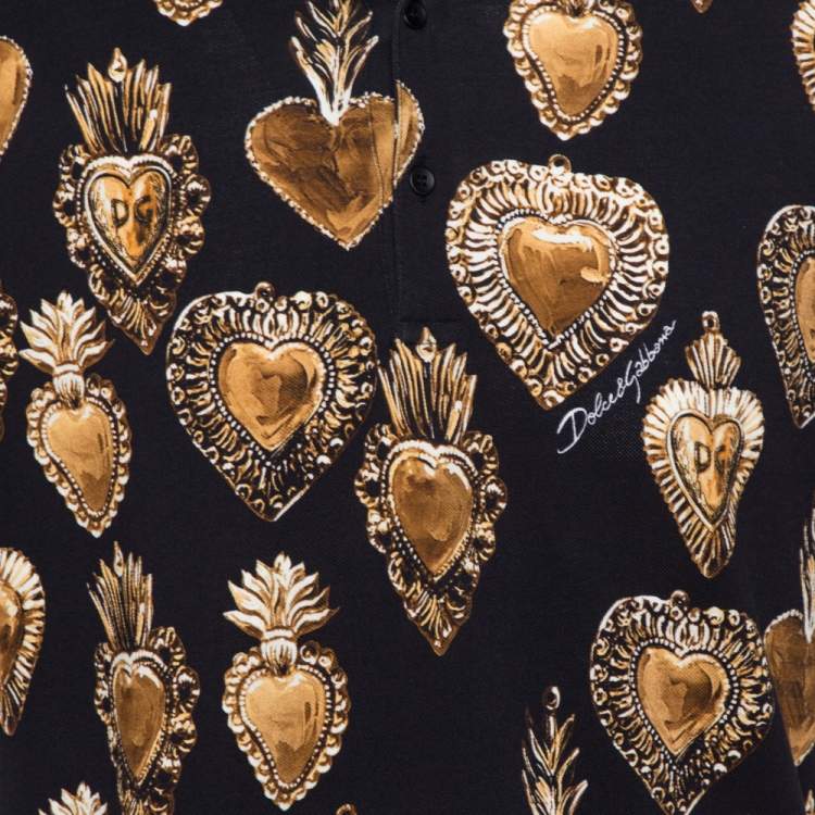Pre Owned Dolce & Gabbana Black Pique Knit Scared Hearts Print Polo T-shirt XL