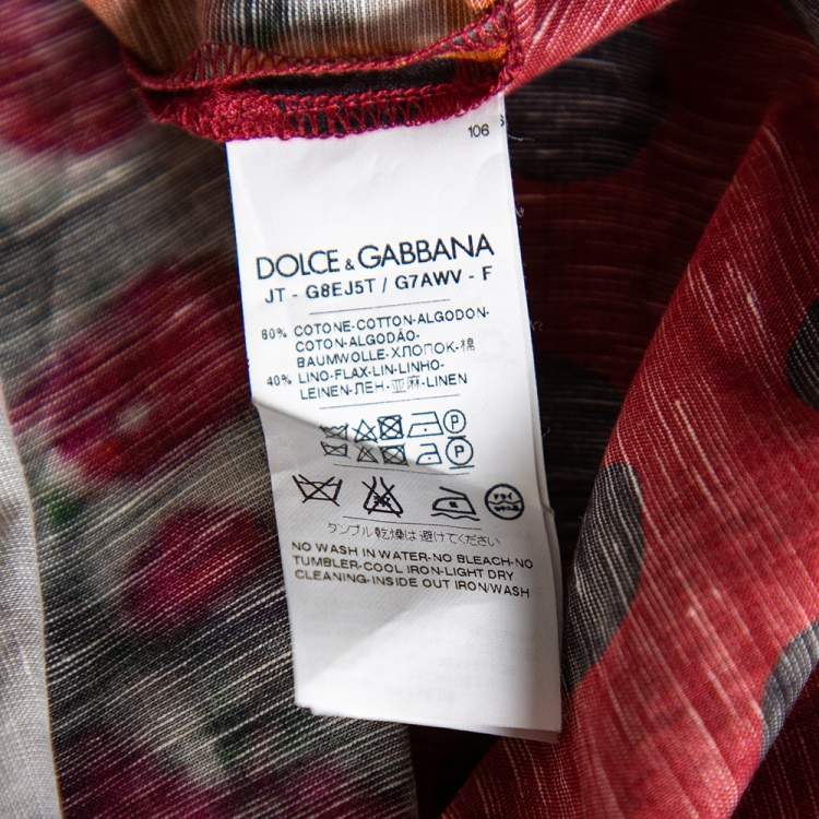 Pre Owned Dolce & Gabbana Burgundy Multiprint Linen Half Button Oversized T-Shirt XS