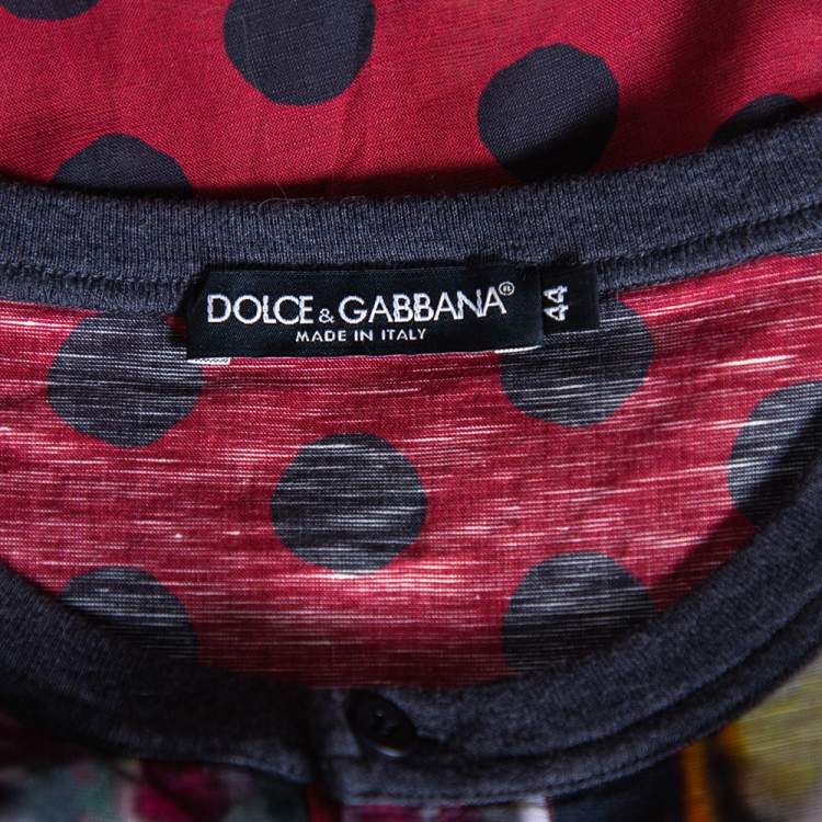 Pre Owned Dolce & Gabbana Burgundy Multiprint Linen Half Button Oversized T-Shirt XS